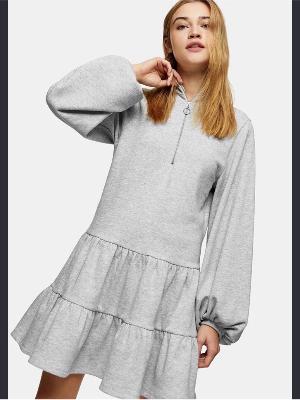 Sweatshirt Dress Gray Tiered Half-Zip Mini Dress